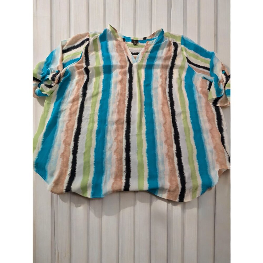 Worthington Womens Plus Size 4X Striped V-Neck Blouse‎ Blue Green Beige Black